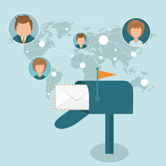 Social network and global communications concept. Flat vector illustration