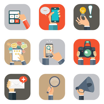Hands with business object icons set. Flat vector illustration