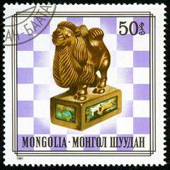 Ukraine - circa 2018: A postage stamp printed in Mongolia shows drawing Mongolian chess figures Series: Costumes. Circa 1981.