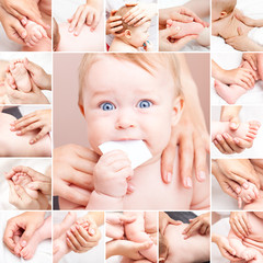 Little baby receiving chiropractic or  osteopathic manual treatment collage