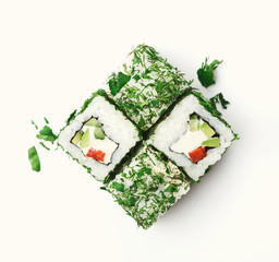 Set of sushi rolls isolated closeup, top view