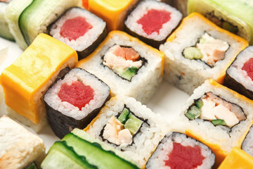 Set of sushi, maki and rolls isolated on white background