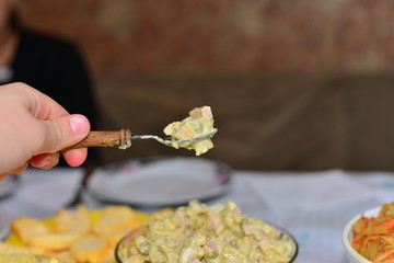 Beautifully decorated catering banquet table with different food snacks and appetizers assortment on corporate christmas party event celebration