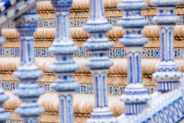 Plaza de Espana blue balustrade detail in Sevilla, Andalusia, Spain.
