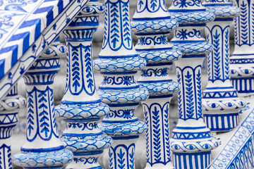 Plaza de Espana blue balustrade detail in Sevilla, Andalusia, Spain.