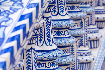 Plaza de Espana blue balustrade detail in Sevilla, Andalusia, Spain.