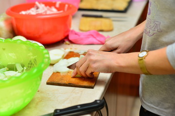 Closeup of Human hands cooking vegetables salad in kitchen