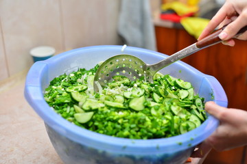 Closeup of Human hands cooking vegetables salad in kitchen