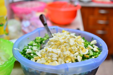 Closeup of Human hands cooking vegetables salad in kitchen