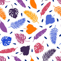 Fototapeta na wymiar Seamless pattern with tropical leaves. Banana, palm, hibiscus, monster. Vector illustration.