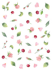 Watercolor vector banner from green leaves, flowers roses, cherry and hearts isolated on a white background.