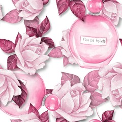 Seamless pattern with bottle of perfume and flowers 5. Watercolor illustration