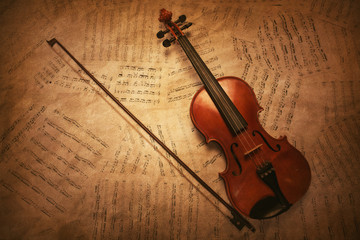 Classic Vintage violin on the sheet music.