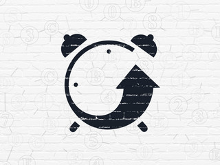 Timeline concept: Painted black Alarm Clock icon on White Brick wall background with Scheme Of Hexadecimal Code