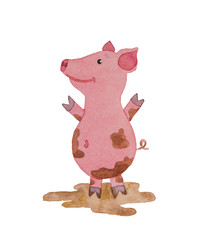 Happy piggy drawn watercolor lies in a dirty puddle on a white background