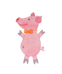 Naklejka premium Happy piggy with bow-tie drawn watercolor on a white background