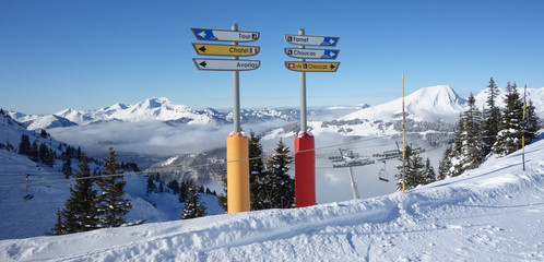 Signs on the ski slopes above Avoriaz in the French Alps - obrazy, fototapety, plakaty