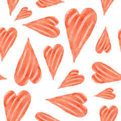 A seamless pattern of beautiful hearts painted in watercolor on the day of St. Valentine or at a wedding