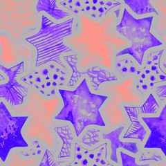 Magic watercolor stars confetti seamless pattern. Christmas, new year, birthday and other holidays background. Baby design print. Good for wallpaper, fabric, wrapping, packaging, cards, posters, web.