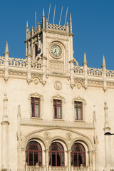 the Neo Manueline style facade of Rossio Railway Station in central Lisbon, Portugal