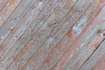 Weathereed wooden siding with peeling paint background texture. Bown, blue and grey.