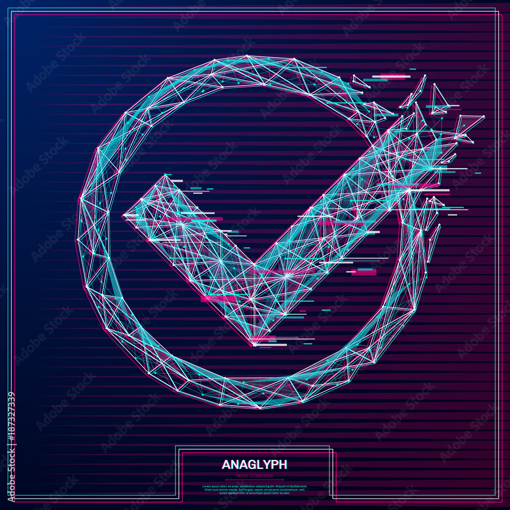 Poster vector distorted glitch concept. tv distortion 3d effect stereoscopic, anaglyph check mark.