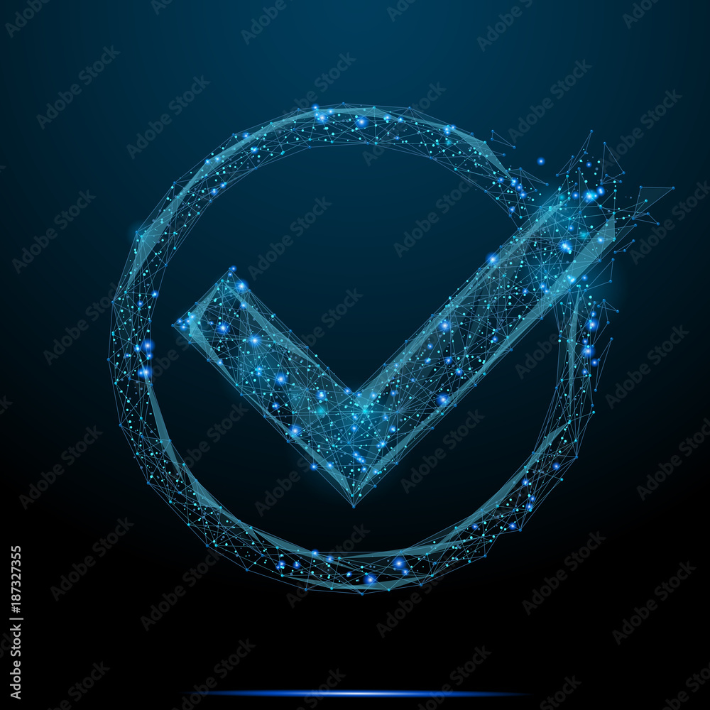 Fototapete abstract image of check mark in the form of a starry sky or space, consisting of points, lines, and 