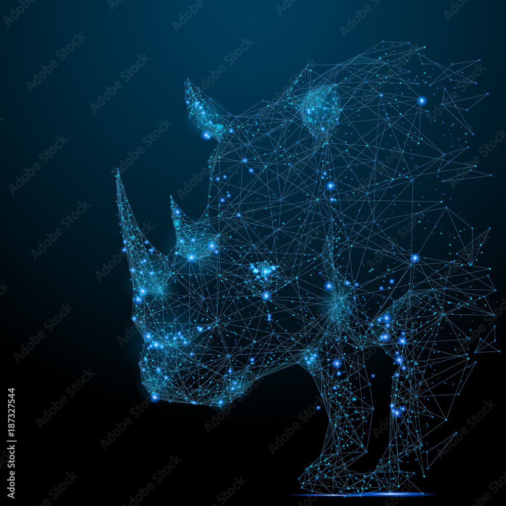 Poster Abstract image of rhinoceros in the form of a starry sky or space, consisting of points, lines, and shapes in the form of planets, stars and the universe. Vector rhino. RGB Color mode