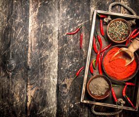 Ground red hot chili pepper on a tray.