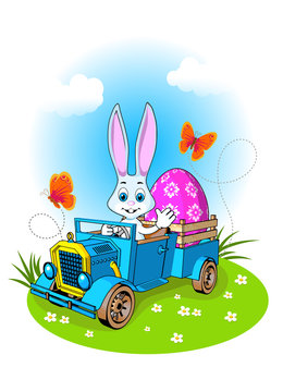 easter card greeting car old retro blue pickup background green lawn flowers butterflies sky clouds cartoon style 
