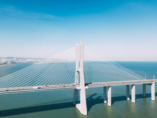 Aerial View Of Vasco da Gama Bridge And High Car Traffic In Lisbon City Of Portugal