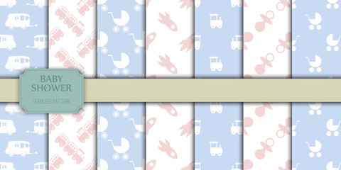Baby shower toys seamless pattern background vector cute wallpaper scrapbook newborn textile paper illustration.