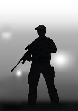 A man with a sniper rifle on a dark background