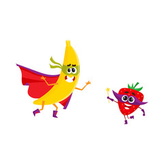vector flat cartoon funny fruit, vegetable character in masks set. Banana in cape and mask standing in fight position, strawberry holding magic wand with star. Isolated illustration white background.