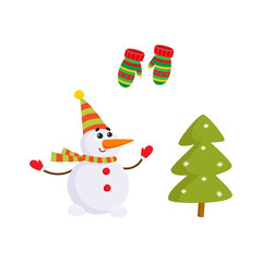 Vector flat winter symbols icon set. Knitted mittens, snowman in scarf, party hat and christmas decorated spruce tree. Isolated illustration on a white background.