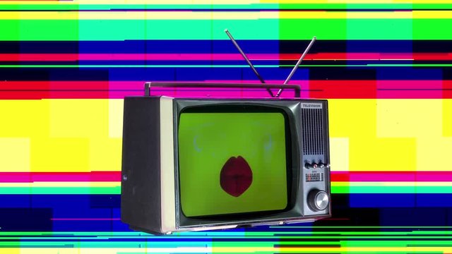 television rotating in space with sequence of cctv camera and red lips on the screen with glitch and distortion overlay effects