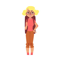 Pretty blond woman, girl tourist, traveller with backpack, cartoon vector illustration isolated on white background. Full length front view portrait of woman, girl tourist, backpacker, traveller