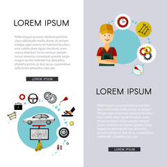 vector flat car service infographic posters set with man professional mechanic, car parts repairing process, tools, equipment and laptop with car diagnostics icons. Illustration with space for text