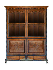 Ancient wooden cabinet with glass inserts in the door isolated on white background