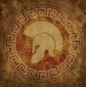 Spartan helmet an icon on old paper in style grunge, is issued in antique Greek style.