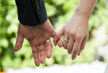Hands of bride and groom with wedding rings - obrazy, fototapety, plakaty