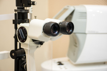 Slit lamp in diagnostic office of doctor ophthalmologist. Ophthalmic diagnostic microscopic medical...