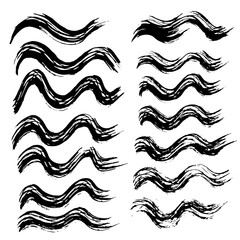 Grunge ink brush strokes. Freehand wave black brushes set. Handdrawn dry brush black smears. Modern vector illustration.