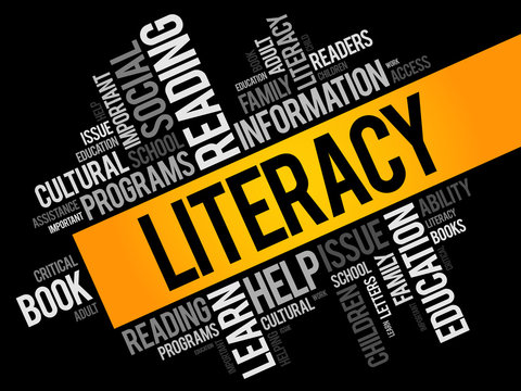 Literacy word cloud collage, education concept background