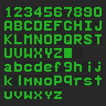 Green LED digital english uppercase, lowercase font, number display on black background
