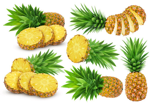 Whole and sliced pineapple isolated on white background. Collection