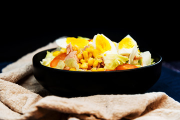 Fresh salad - Delicious fresh salad with tomatoes, lettuce, eggplant, zucchini, cheese, parma ham and olive oil.