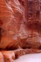 The walls of the Siq, narrow passage that leads to Petra, Jordan