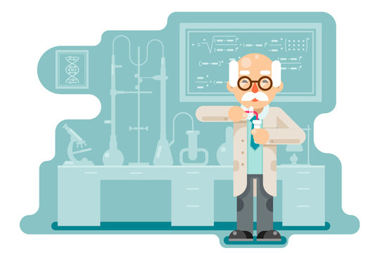 Experiment old wise smart scientist chemical laboratory transfuse chemical reagents test tubes flat design vector illustration