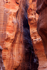 The walls of the Siq, narrow passage that leads to Petra, Jordan